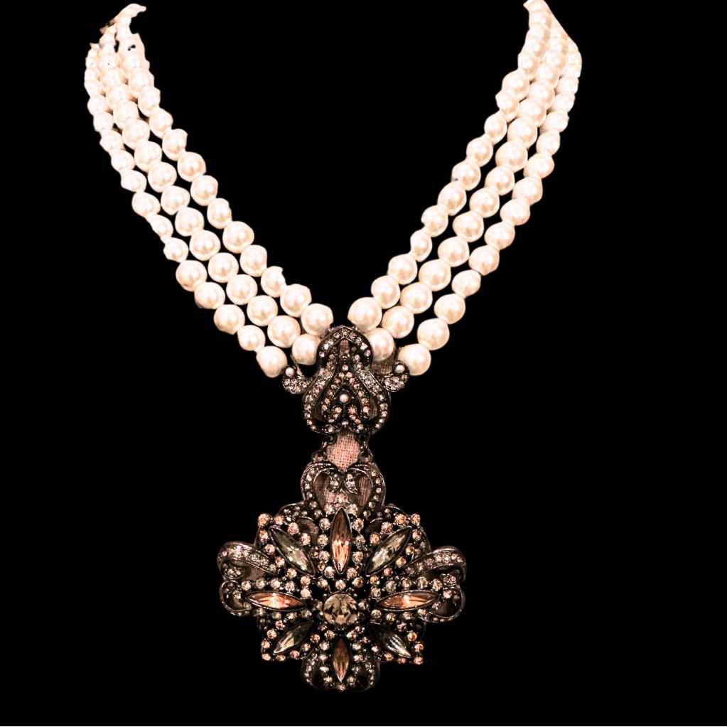 R J Graziano Cream And Brown Multi Strand Necklace With Intricate Pendant